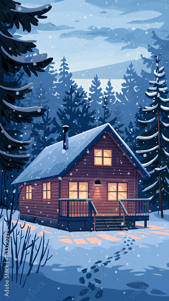 Naklejka premium A cozy wooden cabin in a snowy forest landscape, surrounded by tall trees and a cloudy sky.