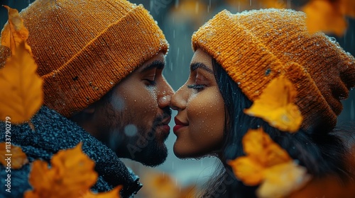 A romantic couple sharing a kiss amidst falling leaves on a rainy day.