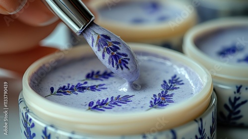 A close-up of a lavender cream with a decorated applicator.