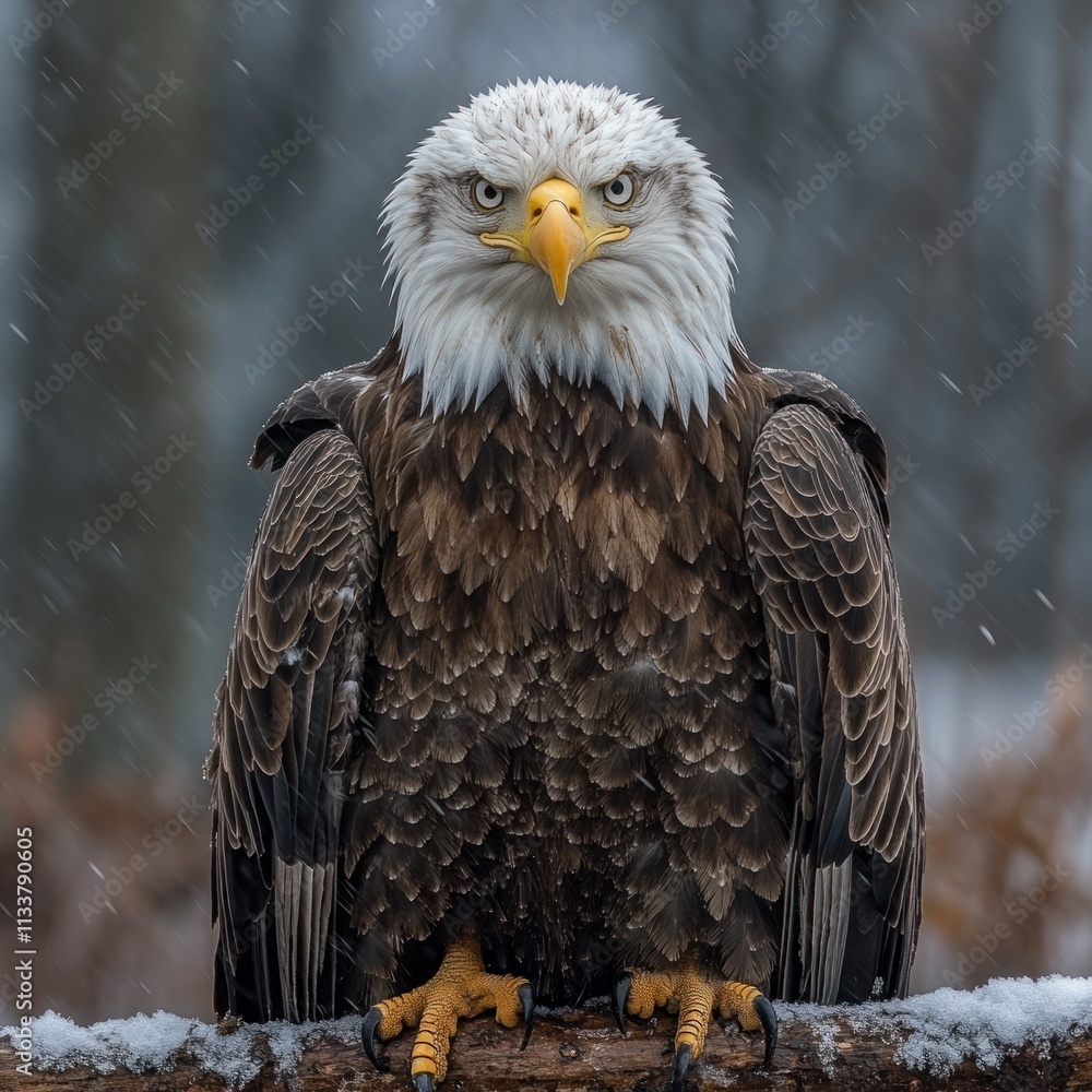 Obraz premium Majestic bald eagle perched on a branch in a snowy forest, staring intensely at the camera.
