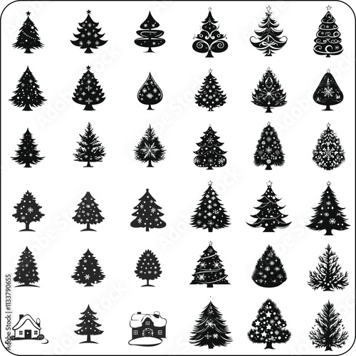 Merry Chrismas tree icon set on gray background, set of silhouettes of trees chersmas, vector illustration flat desing