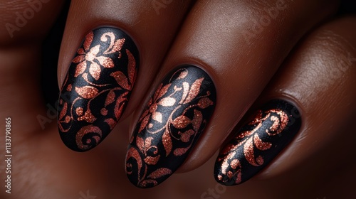 Elegant black and copper nail art featuring intricate floral designs.