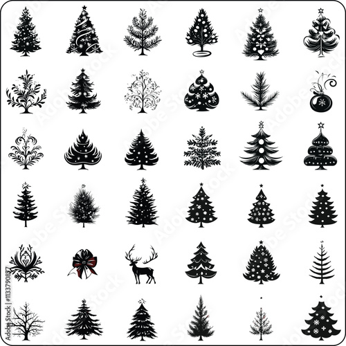 Merry Chrismas tree icon set on gray background, set of silhouettes of trees chersmas, vector illustration flat desing