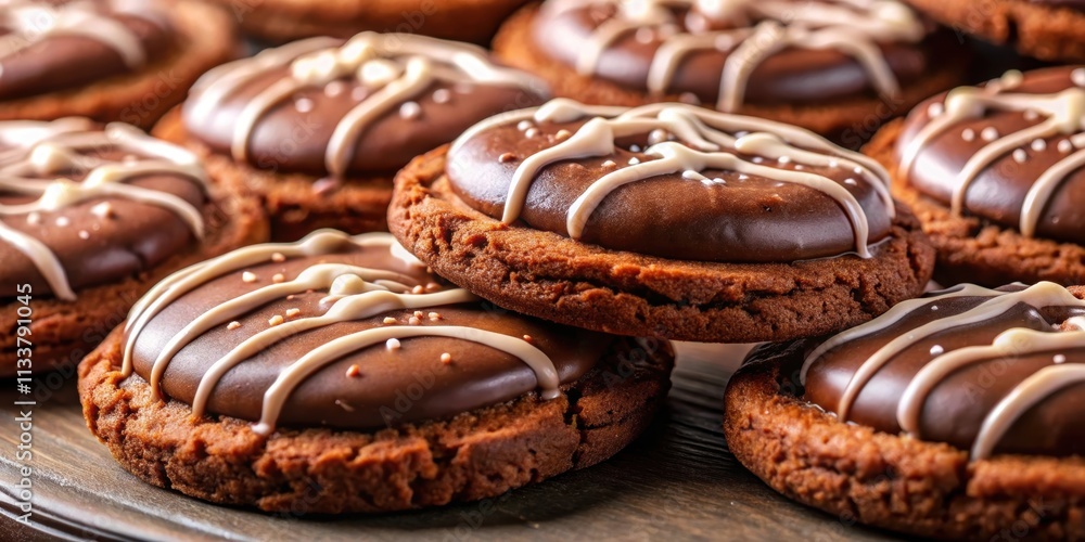 Close-up shot of decadent chocolate cookies covered in rich icing, chocolate, cookies, sweets, dessert, delicious Close-up shot of decadent chocolate cookies covered in rich icing, chocolate, cookies, sweets, dessert, delicious