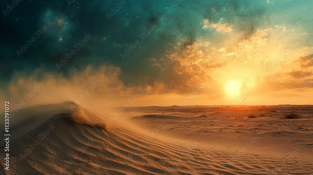 Desert Sunset: A breathtaking landscape of sand dunes under a starry night sky Desert Sunset: A breathtaking landscape of sand dunes under a starry night sky