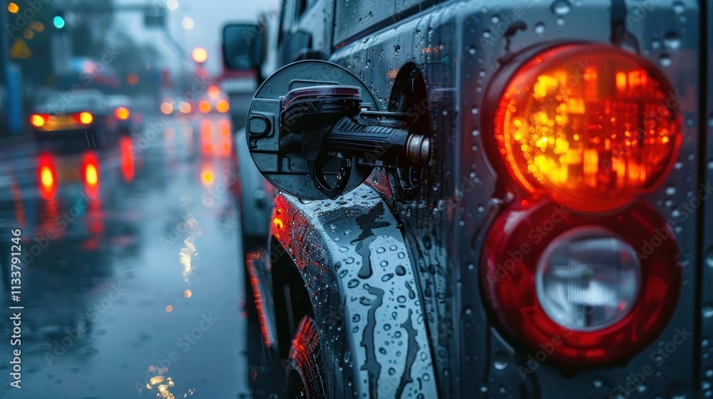 Rainy night city street, car refueling, close-up. Rainy night city street, car refueling, close-up.