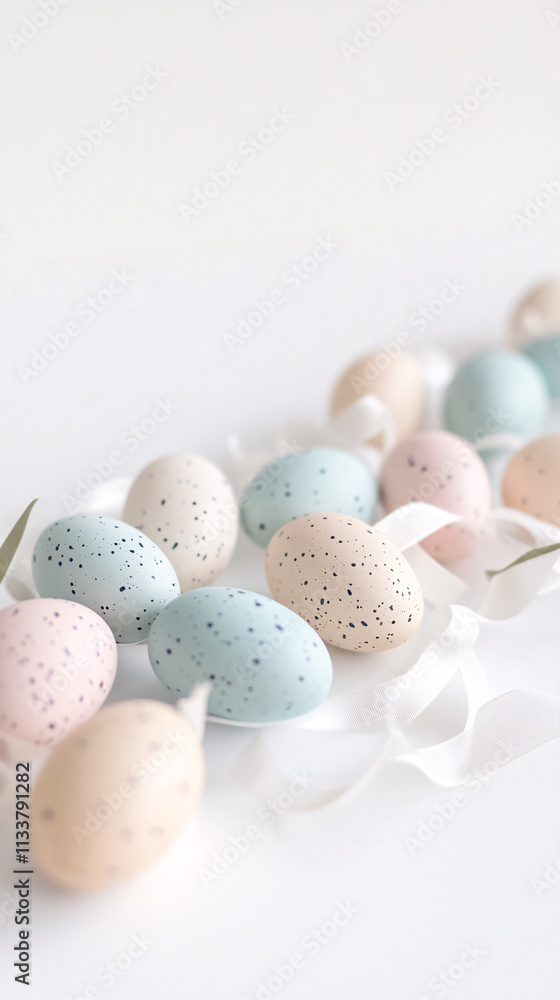 pastel easter eggs with white ribbon on a white background pastel easter eggs with white ribbon on a white background