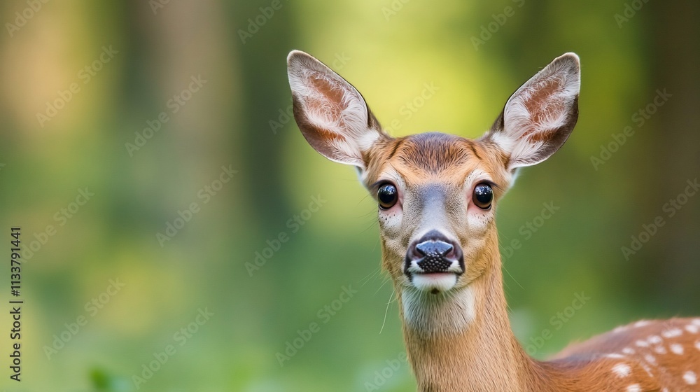 A close-up of a young deer in a natural green environment. A close-up of a young deer in a natural green environment.