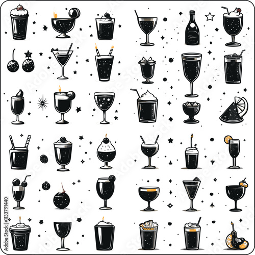 set of drinks,Moscow mule, bloody mary, pina colada, mojito, margarita, daiquiri, Mimosa, long island iced tea, Bellini, margarita, Cocktails of alcohol set. Vector illustration
