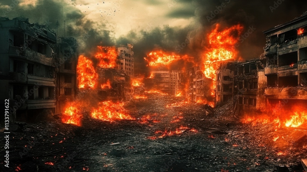 Smoke and fire engulf the city as battles continue. Smoke and fire engulf the city as battles continue.