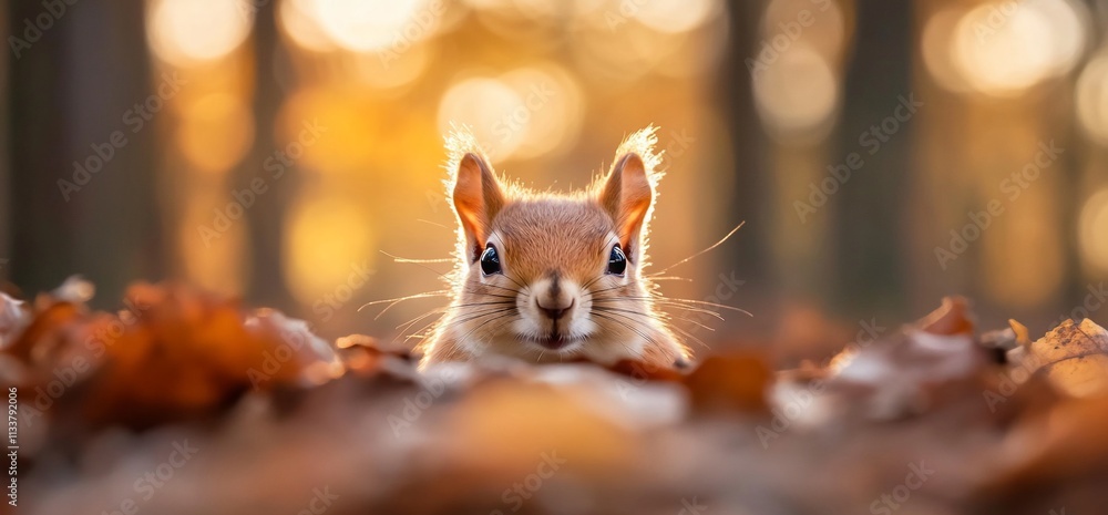 A curious squirrel peeks through autumn leaves in a forest. A curious squirrel peeks through autumn leaves in a forest.