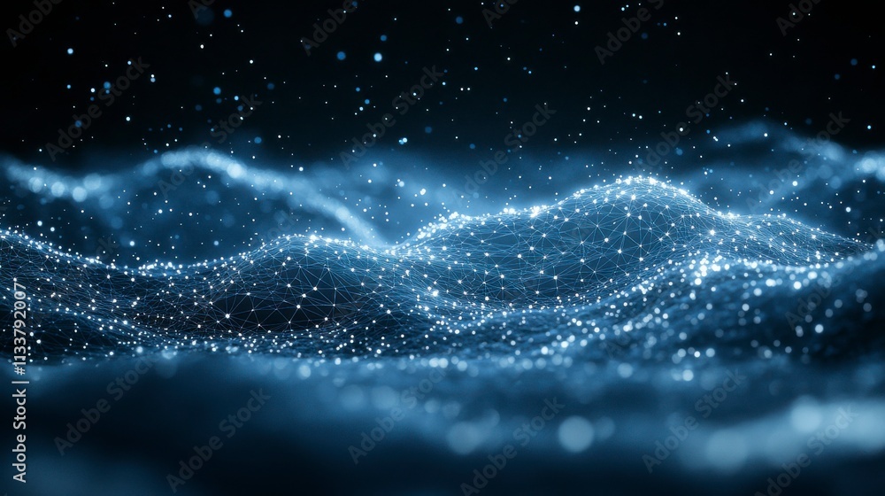 Abstract digital network protection design with luminous dots and connected polygons in a futuristic style dark blue backdrop and a central focused composition Abstract digital network protection design with luminous dots and connected polygons in a futuristic style dark blue backdrop and a central focused composition