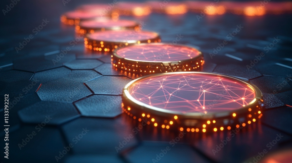 Conceptual design of digital data protection with glowing connections forming a polygonal network on a dark blue backdrop central sharpness and smooth side blur