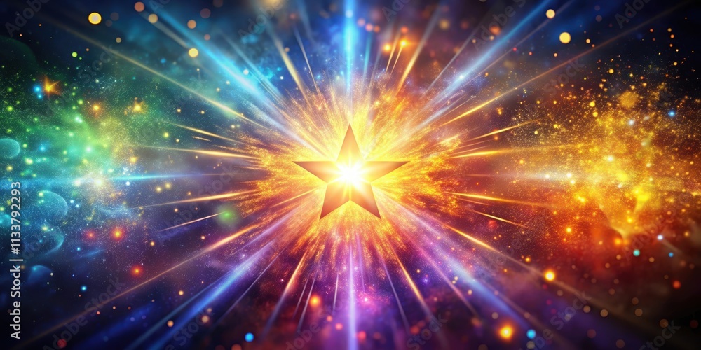 Obraz premium Explosion star with particles on abstract multicolored background, Explosion, star, particles, abstract, multicolored