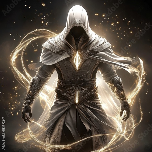 Mysterious figure in a white cloak, merging AI and sorcery.