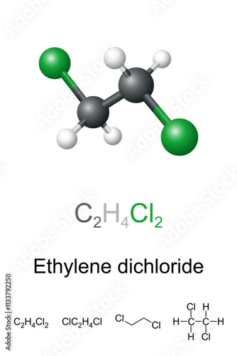 Ethylene dichloride, EDC, molecule model and chemical formula. Ball-and-stick model of 1,2-dichloroethane, a chemical compound and chlorinated hydrocarbon. Mainly used in vinyl chloride production.