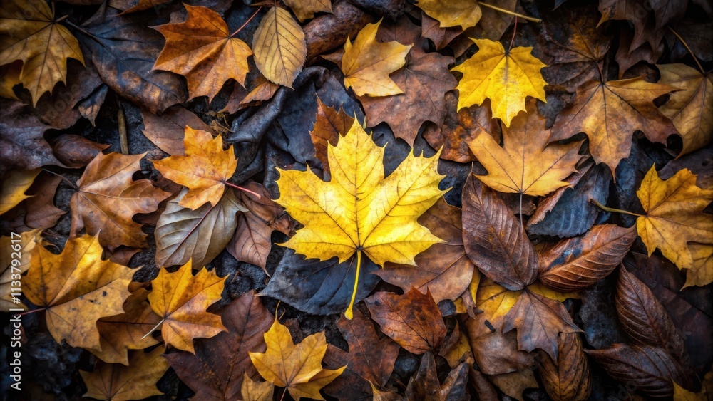 A yellow leaf stands out in a sea of dark fallen leaves, yellow, leaf, standout, prominent, contrast, nature, fall, autumn A yellow leaf stands out in a sea of dark fallen leaves, yellow, leaf, standout, prominent, contrast, nature, fall, autumn