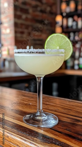 A refreshing cocktail served in a glass with a lime garnish on a wooden bar.