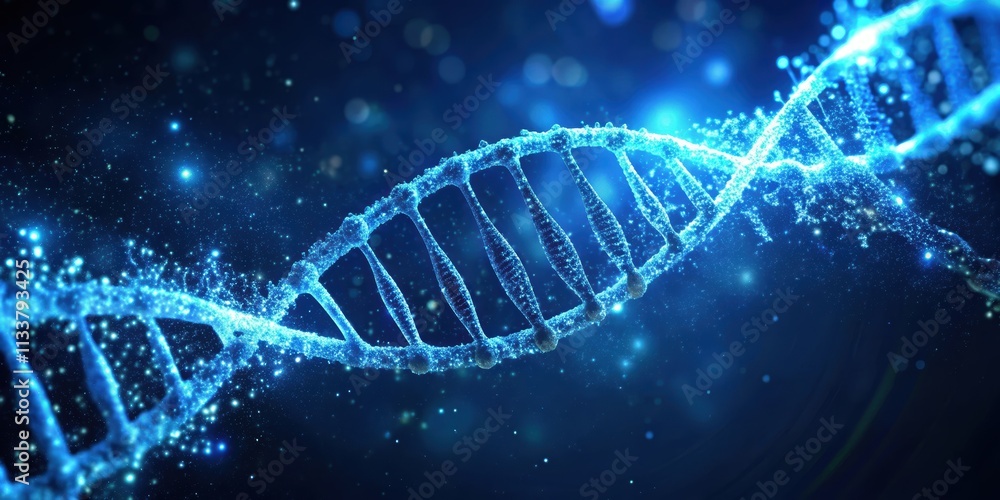 Blue DNA strand rotating with glowing particles, DNA, blue, strand, rotating, glowing, particles, science, technology, genetic Blue DNA strand rotating with glowing particles, DNA, blue, strand, rotating, glowing, particles, science, technology, genetic