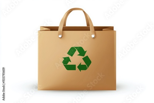 Eco-Friendly Brown Paper Shopping Bag with Green Recycling Symbol for Sustainable Lifestyle Promotion and Environmental Awareness in Retail Industry photo