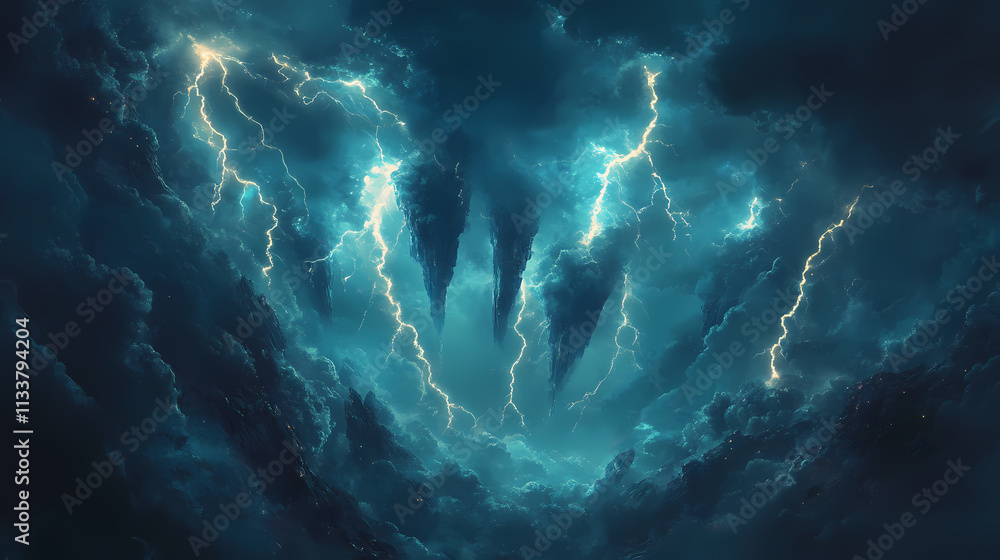 A cluster of lightning bolts suspended in mid-air, with dark clouds looming in the background. Looming. Illustration A cluster of lightning bolts suspended in mid-air, with dark clouds looming in the background. Looming. Illustration