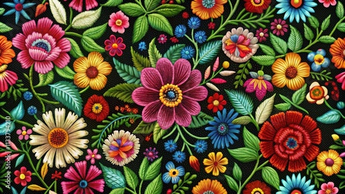 Seamless embroidery floral pattern with intricate designs and vibrant colors, embroidery, floral, seamless, pattern