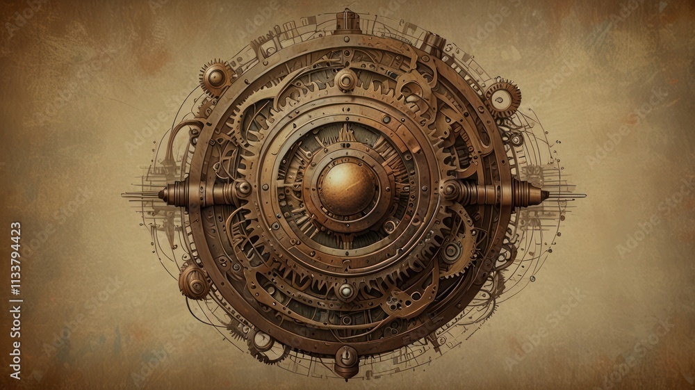 Naklejka premium Intricate steampunk-style clockwork mechanism, circular design on aged paper background.