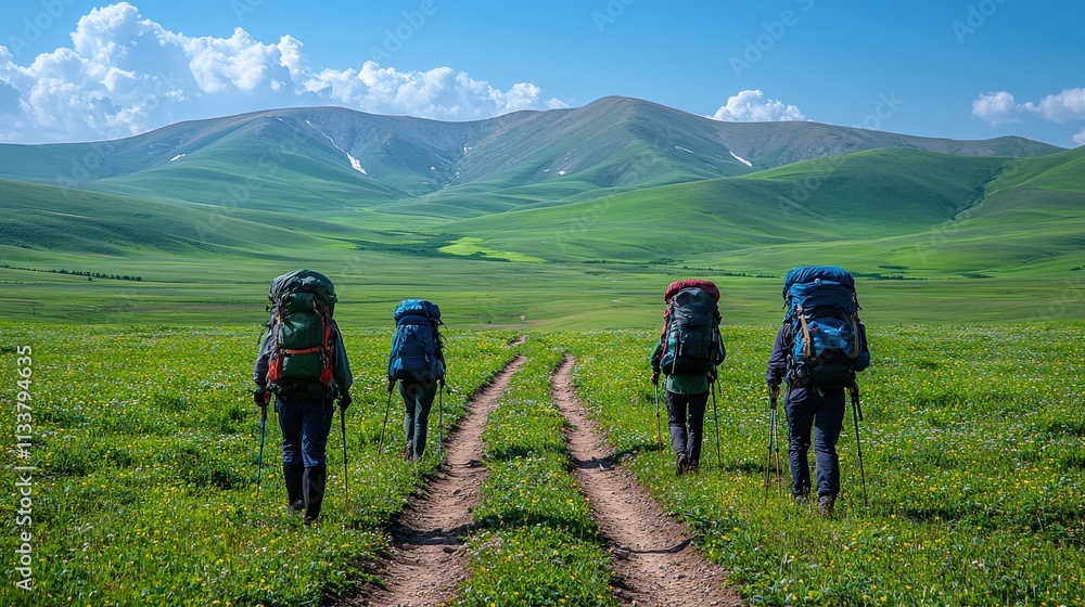 Obraz premium Hikers with backpacks trek along a scenic mountain trail, enjoying a breathtaking landscape of rolling green hills under a vibrant blue sky.