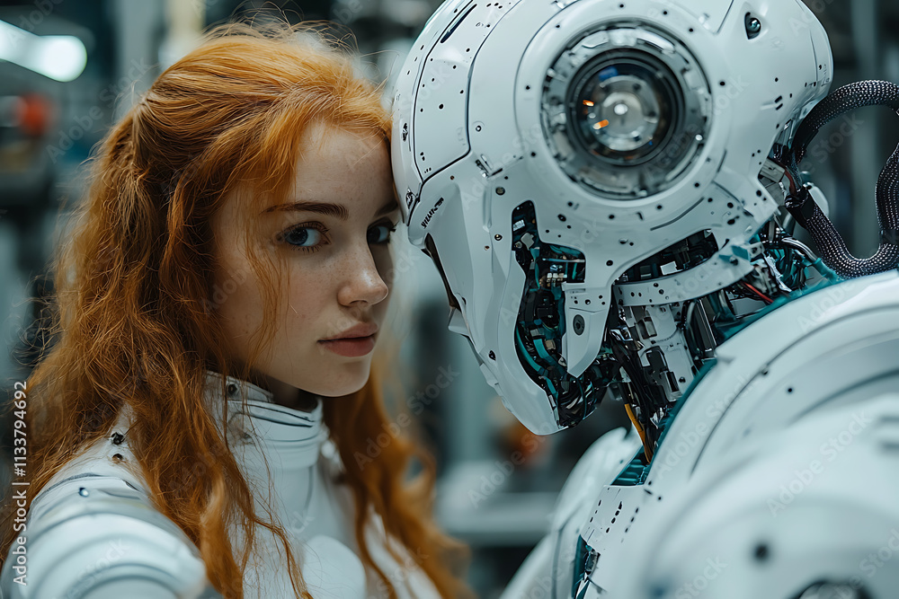 A human and a robot working side by side in a futuristic factory setting A human and a robot working side by side in a futuristic factory setting
