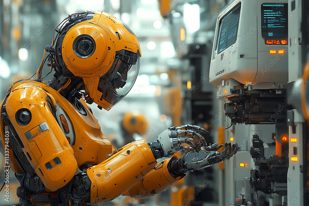 A human and a robot working side by side in a futuristic factory setting A human and a robot working side by side in a futuristic factory setting