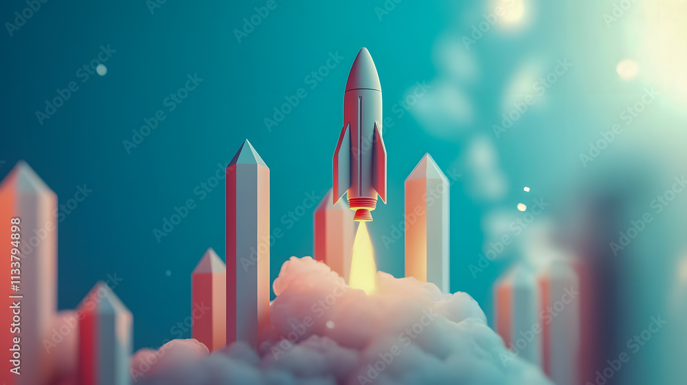 Rocket Launching Amidst Crystal Structures in a Vibrant Sci-Fi Landscape with Soft Lighting Effects and Colorful Background Rocket Launching Amidst Crystal Structures in a Vibrant Sci-Fi Landscape with Soft Lighting Effects and Colorful Background