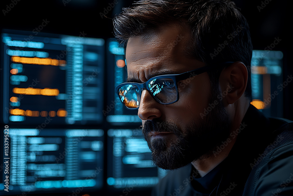 A professional monitoring data on multiple screens with warning signs about a cyberattack A professional monitoring data on multiple screens with warning signs about a cyberattack