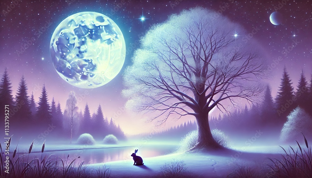 Naklejka premium Whimsical Winter Night with a Rabbit Beneath a Majestic Tree in Gentle Purple Moonlight