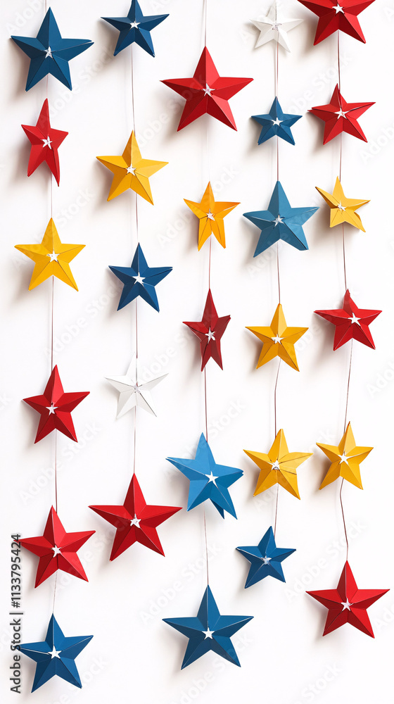 colorful paper stars hanging against a white background for festive holiday decorations