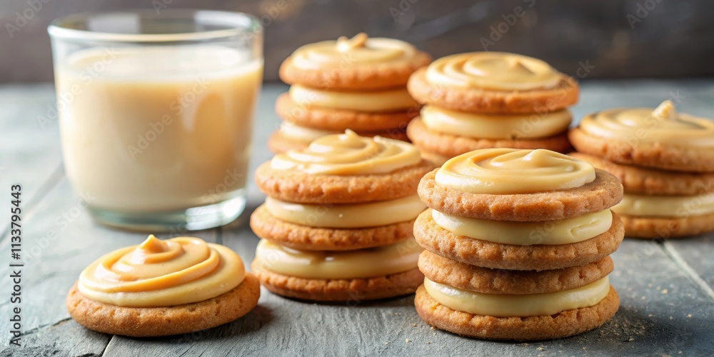 Close-up shot of delicious cookies topped with boiled condensed milk, cookies, dessert, sweet, baked goods, snack Close-up shot of delicious cookies topped with boiled condensed milk, cookies, dessert, sweet, baked goods, snack