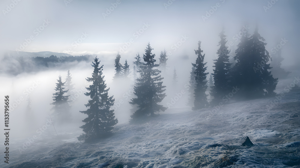 Fototapeta premium Misty forest landscape with evergreen trees and foggy atmosphere.