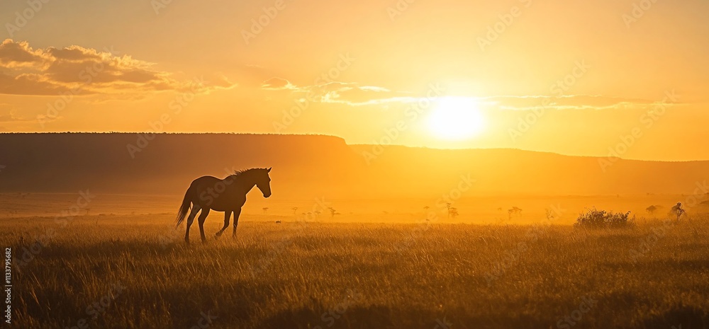 A solitary horse stands in a misty landscape at sunset. A solitary horse stands in a misty landscape at sunset.