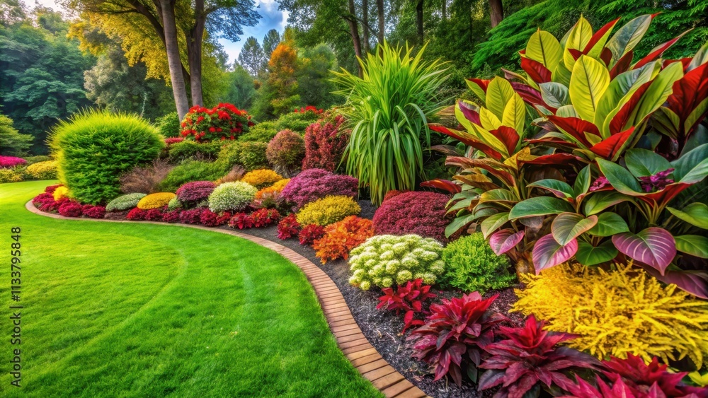 Beautiful landscaping design featuring a combination of colorful plants and lush green grass, landscaping, design, plants Beautiful landscaping design featuring a combination of colorful plants and lush green grass, landscaping, design, plants