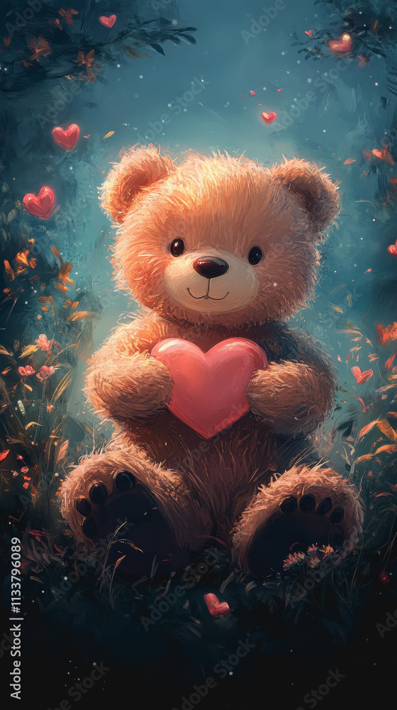 Adorable Teddy Bear Embracing a Red Heart While Nestled Amongst Lush Green Grass, Radiating Affection and Innocence in a Whimsical and Charming Outdoor Setting of Love and Friendship Adorable Teddy Bear Embracing a Red Heart While Nestled Amongst Lush Green Grass, Radiating Affection and Innocence in a Whimsical and Charming Outdoor Setting of Love and Friendship