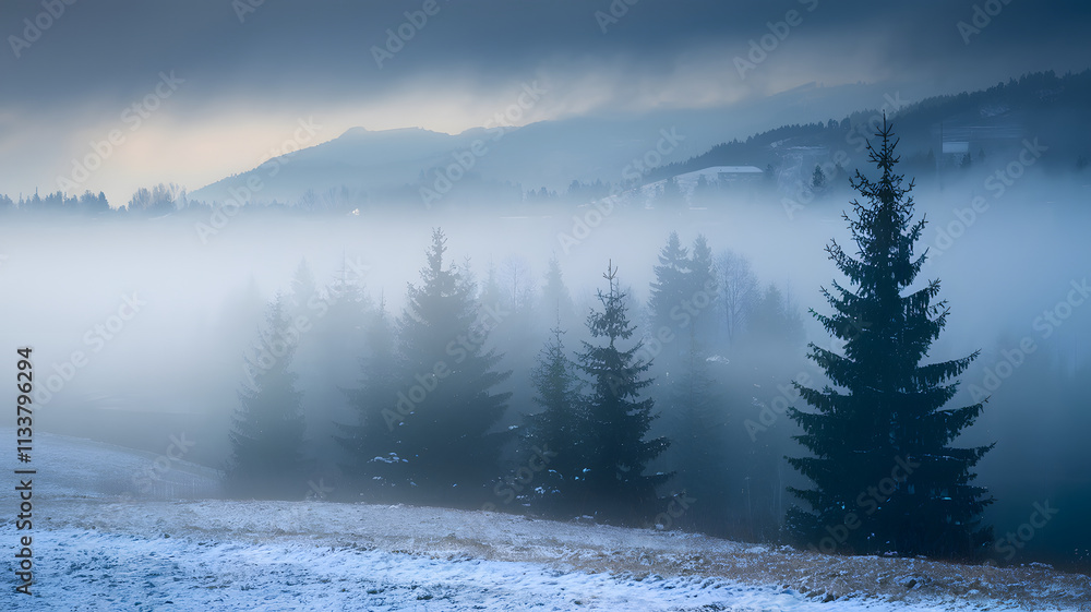 Fototapeta premium Misty forest landscape with evergreen trees and foggy atmosphere.