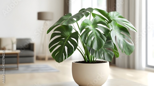 Monstera Borsigiana in a Pot in a Living Room with Soft Natural Blur Background