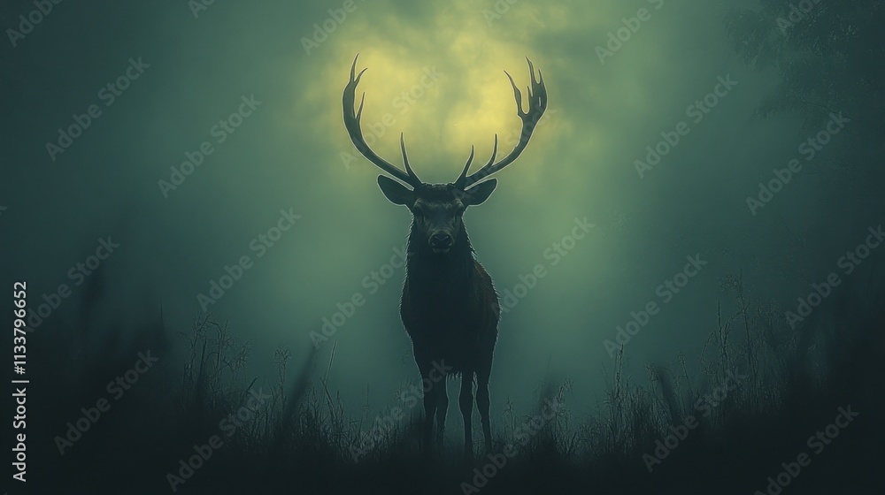 Obraz premium Majestic red deer stag silhouetted against a misty, moonlit forest background.