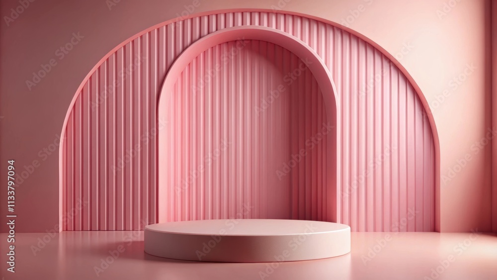 Curved cylinder podium with pink color in a circle doorway landscape , circle, doorway Curved cylinder podium with pink color in a circle doorway landscape , circle, doorway