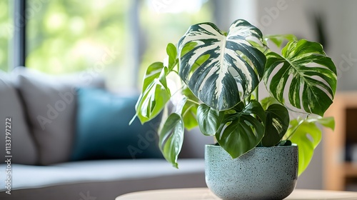Monstera Deliciosa Variegata in a Pot in a Living Room with Soft Natural Blur Background