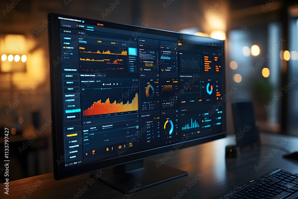 A computer monitor displaying data analytics and visualizations in a modern workspace. A computer monitor displaying data analytics and visualizations in a modern workspace.