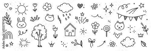 Cute kid icon element line flower, cloud, heart background. Hand drawn doodle cute cartoon scribble sticker element set. Flower, heart, cloud children elements background. Vector illustration