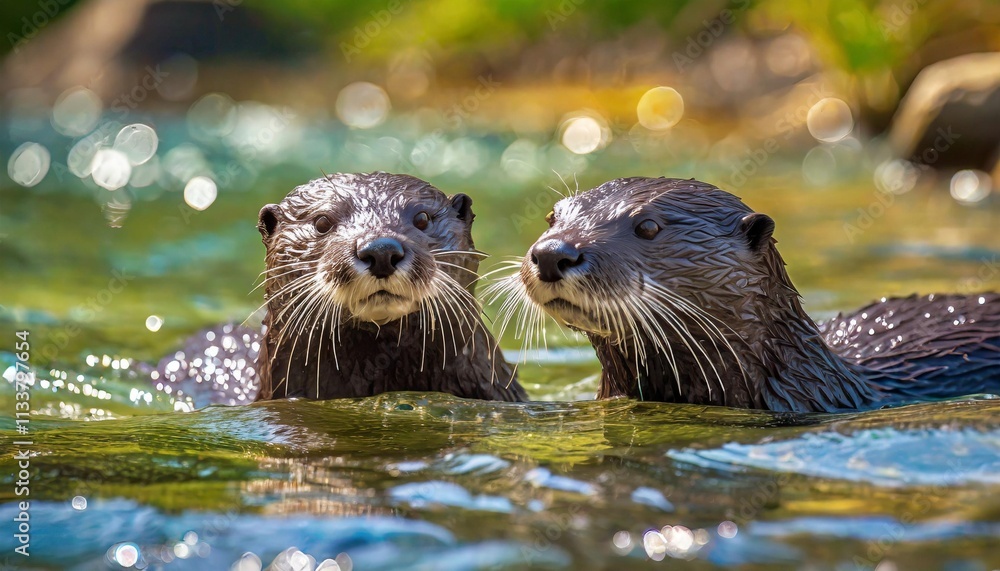Playful Otters Swimming Together in Crystal Clear River in Natural Habitat Playful Otters Swimming Together in Crystal Clear River in Natural Habitat
