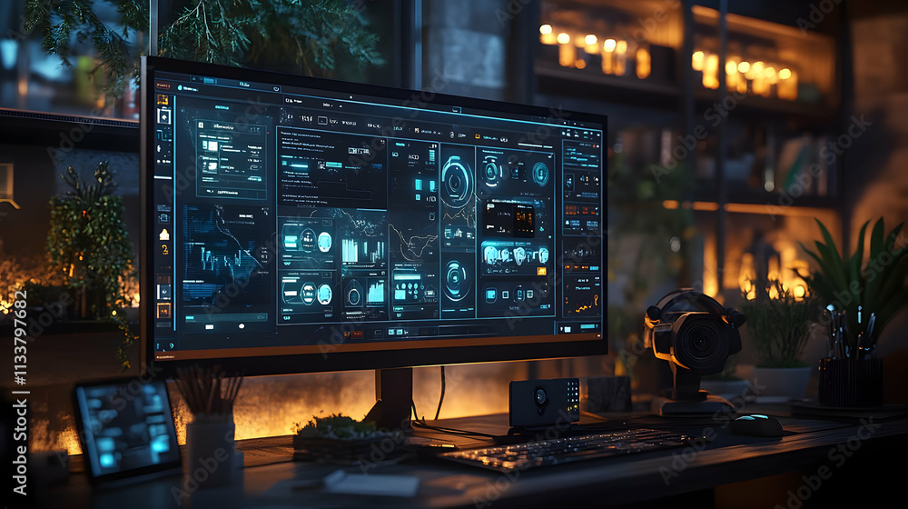 A modern workspace featuring a high-tech monitor with data visualization and ambient lighting. A modern workspace featuring a high-tech monitor with data visualization and ambient lighting.