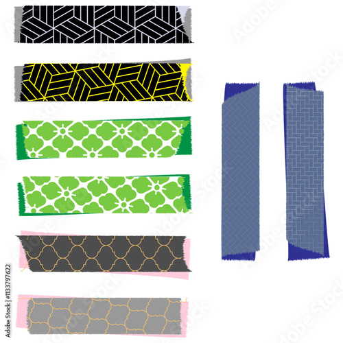 8種類の和柄マスキングテープで、組み合わせは白と黄色の亀甲網代、緑の花菱、黒と灰色のモロッカン柄、紺の檜垣