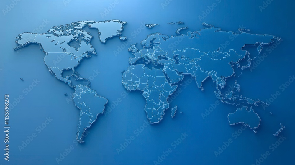 Abstract world map graphic on a blue background highlighting big data and networking concepts in 3D rendering perfect for illustrating global connectivity and data-driven technology Abstract world map graphic on a blue background highlighting big data and networking concepts in 3D rendering perfect for illustrating global connectivity and data-driven technology